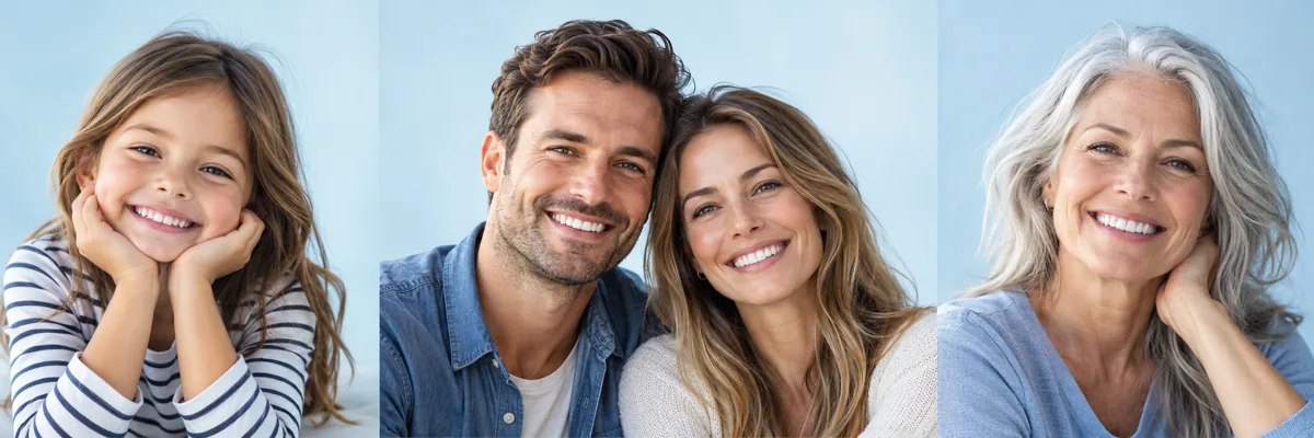 Illustrative smiling child, adult couple and older adult